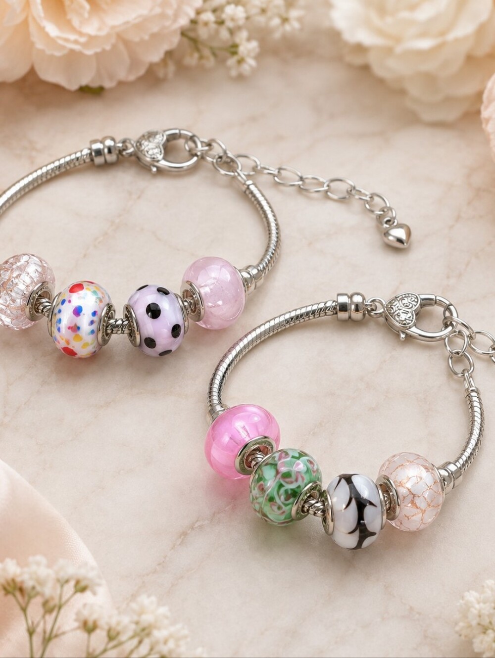 925 Silver-Cored Lampwork Glass Bead Bracelet Set – 2 Bracelets – European Style
